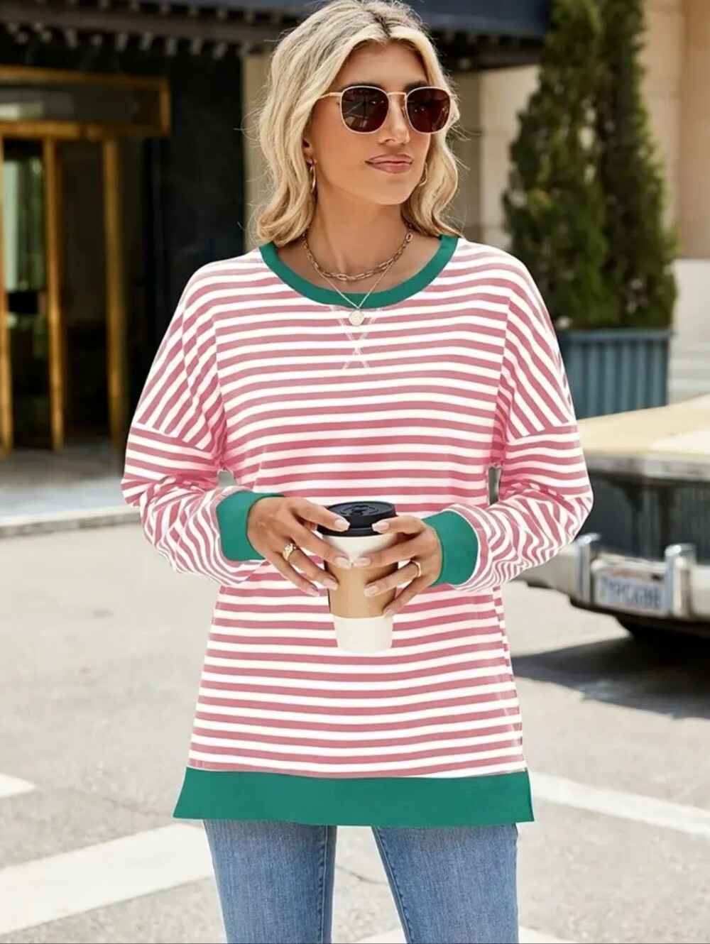 Casual Striped Long Sleeve Top in Pink and Green